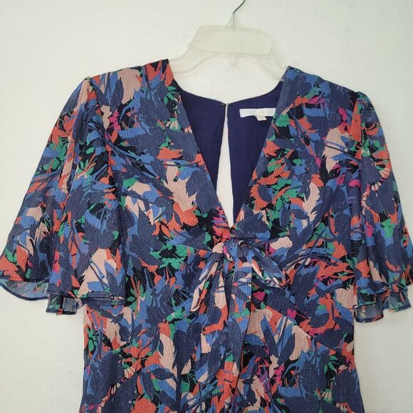 Harlyn Dress Womens M Blue Metallic Abstract Ruffled Lined V-Neck Flutter Sleeve - Picture 3 of 16